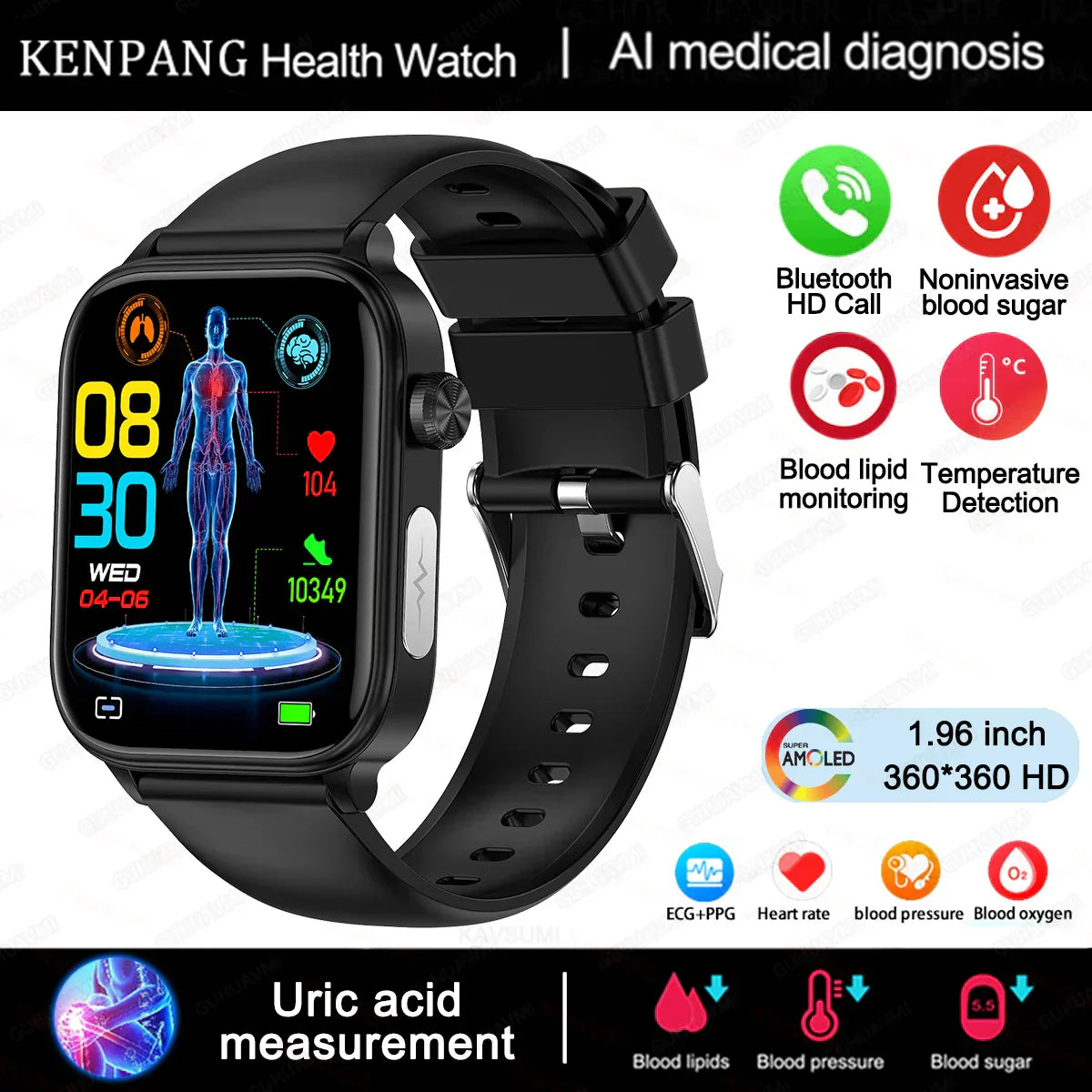 MedWatch™ Gunuine - Lipids Uric Acid Blood Glucose Monitoring Smart Watch, ECG+PPG Fitness Tracker