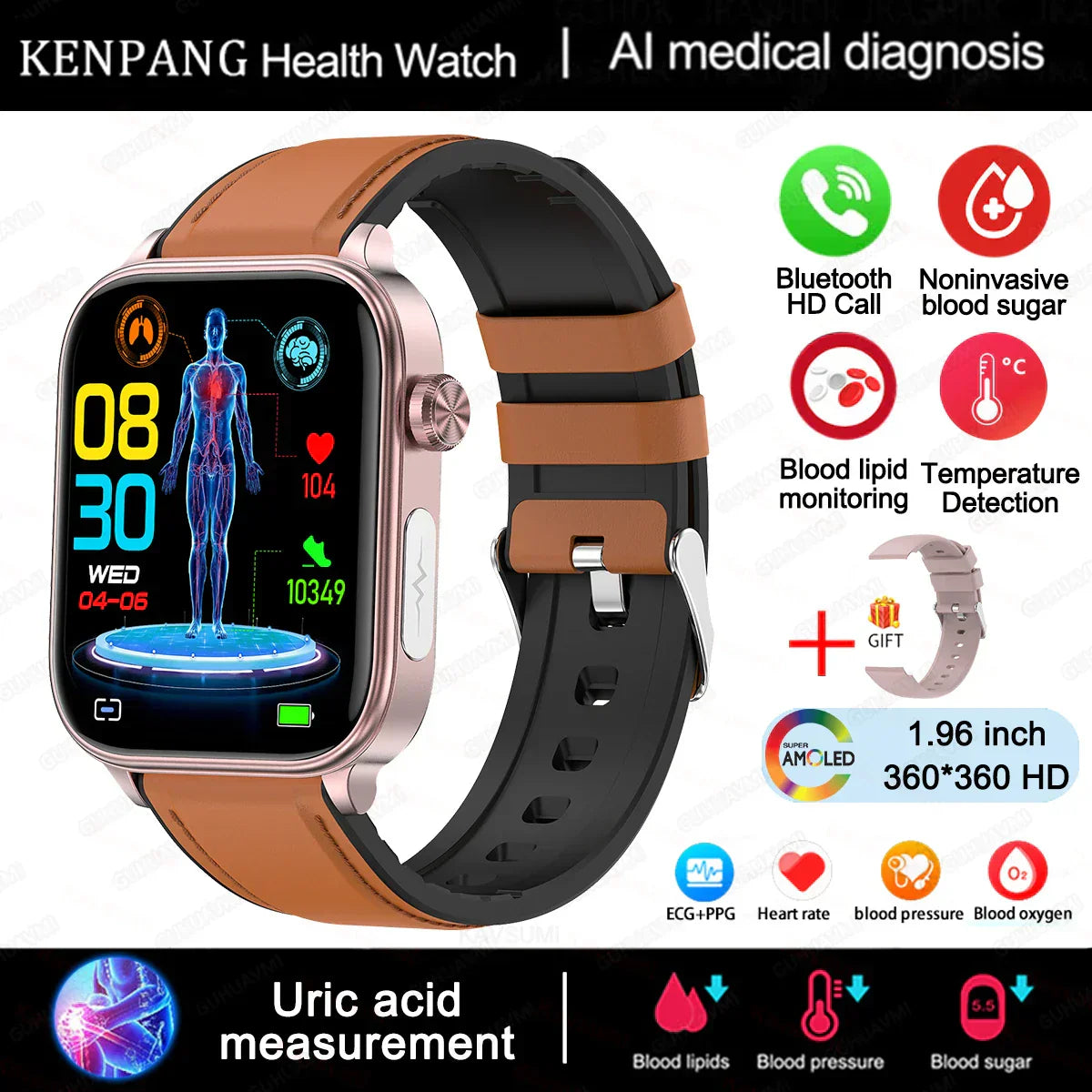 MedWatch™ Gunuine - Lipids Uric Acid Blood Glucose Monitoring Smart Watch, ECG+PPG Fitness Tracker