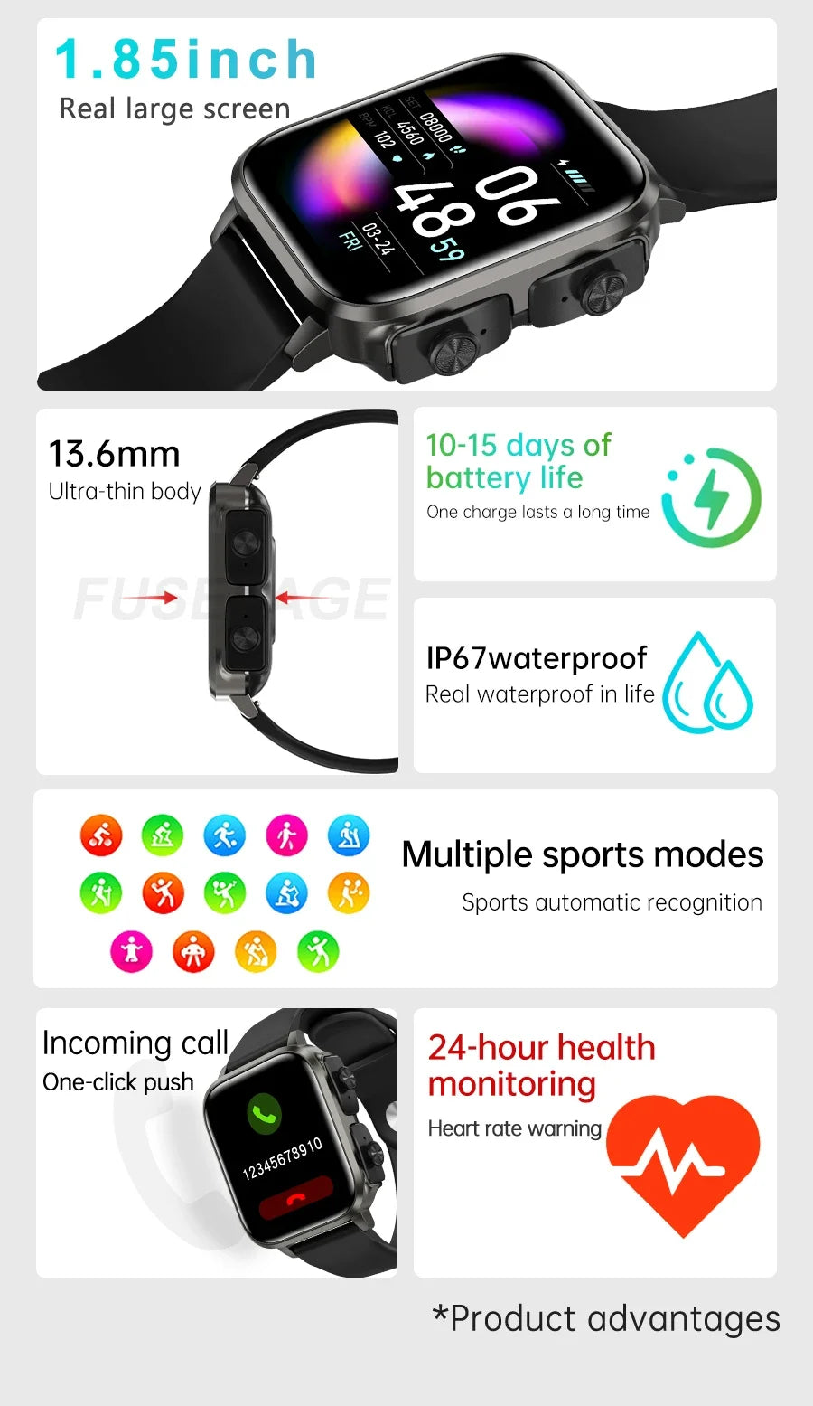 MedWatch™ Unite -Smart Watch With Bluetooth Earphone Waterproof, Touch Big Display Screen Best Relog Inteligente