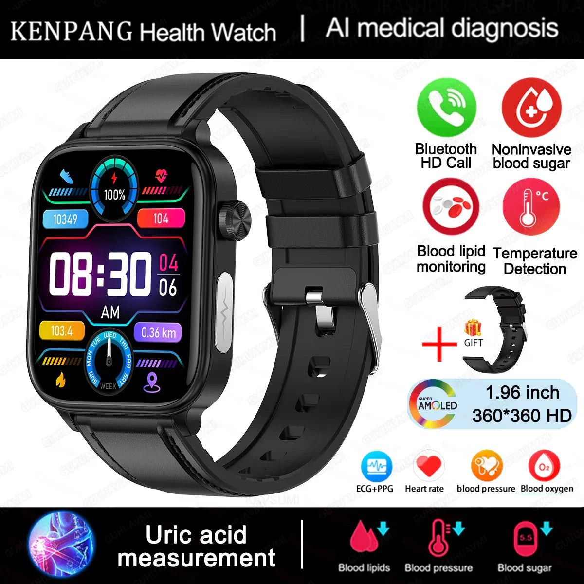 MedWatch™ Gunuine - Lipids Uric Acid Blood Glucose Monitoring Smart Watch, ECG+PPG Fitness Tracker