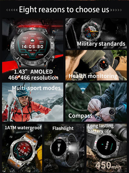 MedWatch™ Shield - Smart Watch Men Altitude Compass GPS Sports 1ATM Waterproof Watch Bluetooth Talk SmartWatches