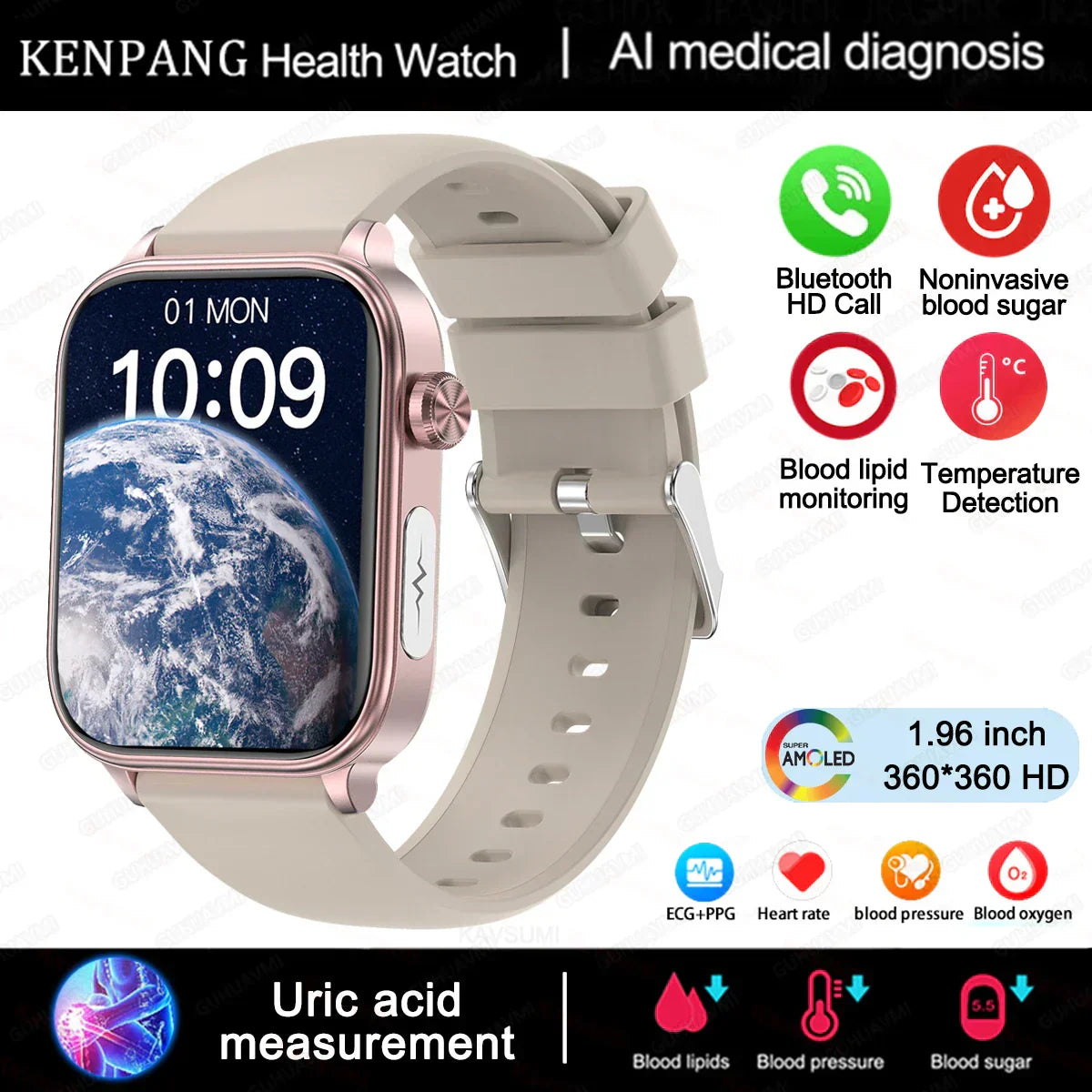 MedWatch™ Gunuine - Lipids Uric Acid Blood Glucose Monitoring Smart Watch, ECG+PPG Fitness Tracker